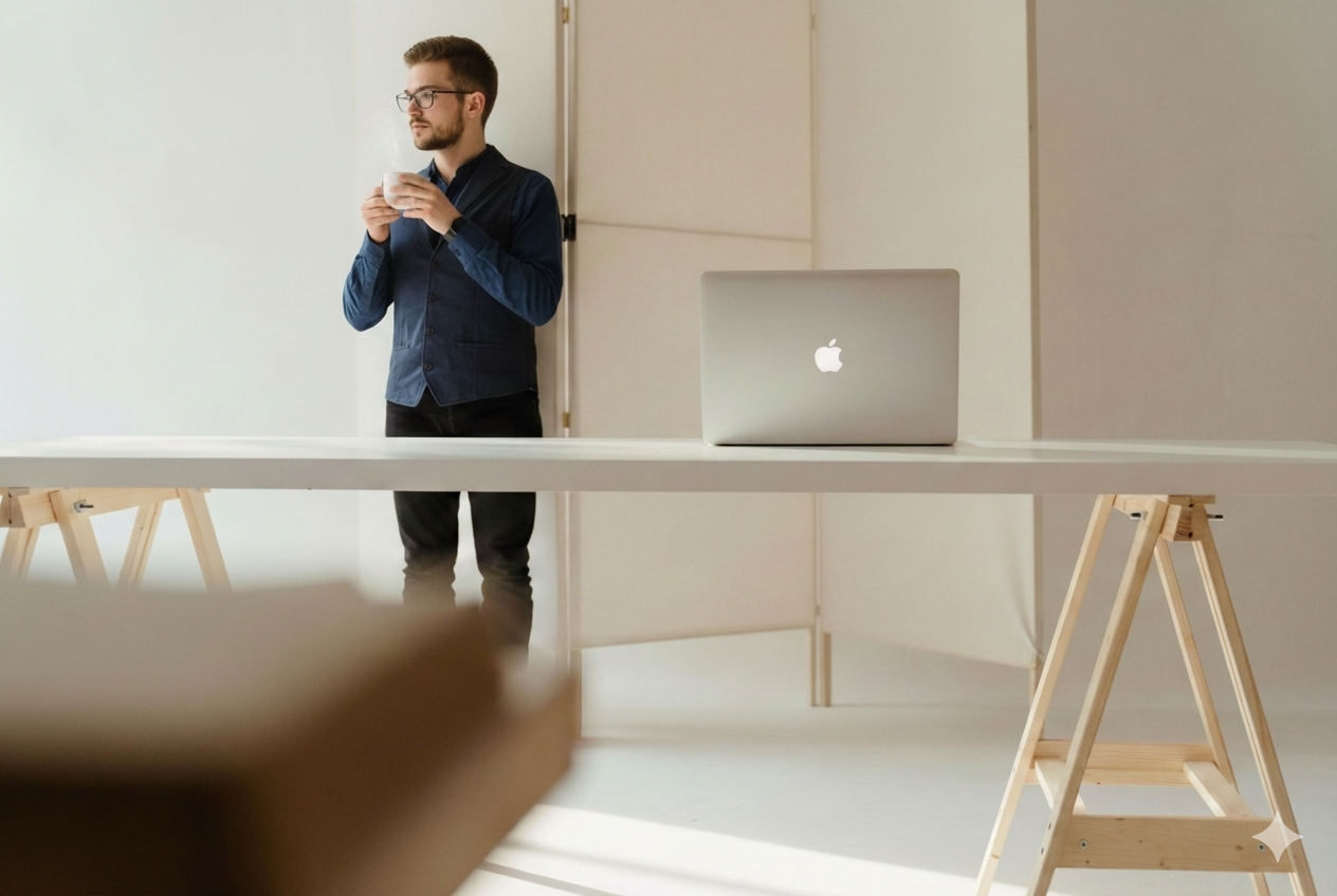 Hombre con café y laptop en escritorio minimalista