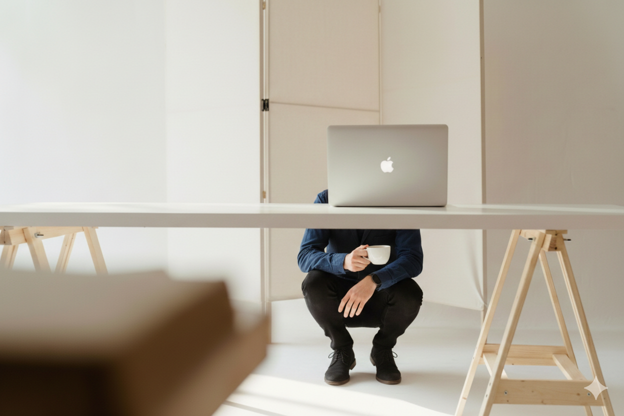 Hombre agachado bajo escritorio con laptop y café