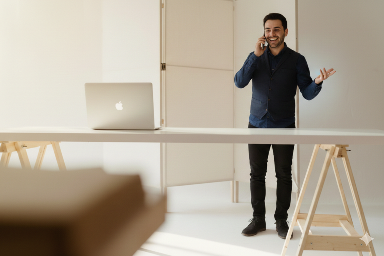 Hombre hablando por teléfono junto a laptop