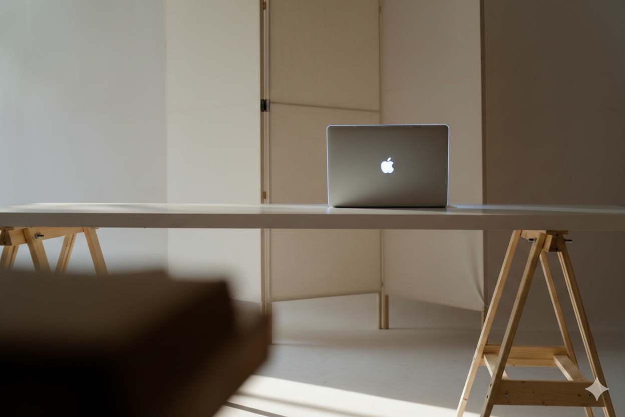 Laptop sola en escritorio minimalista