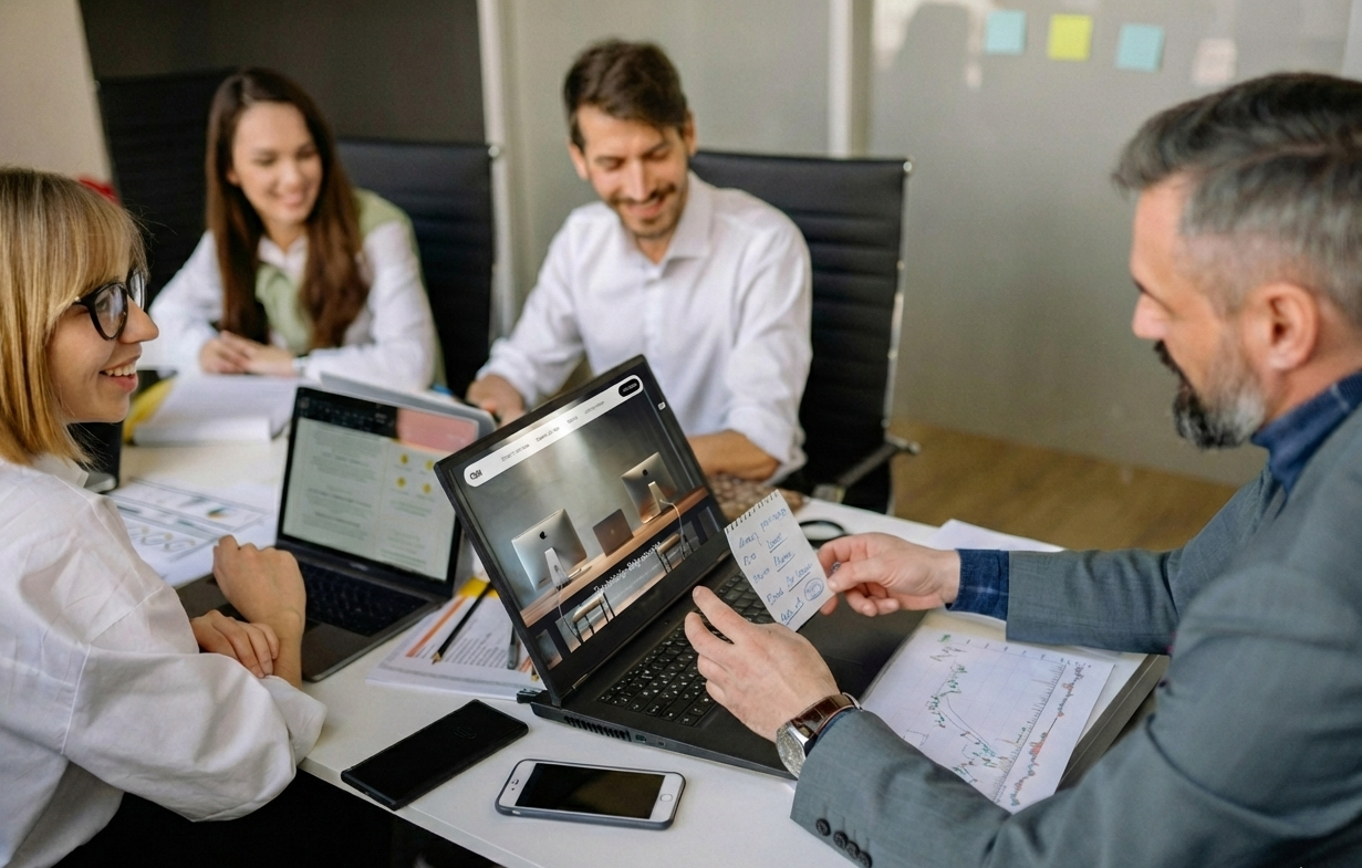 Equipo de trabajo colaborando en oficina con laptops